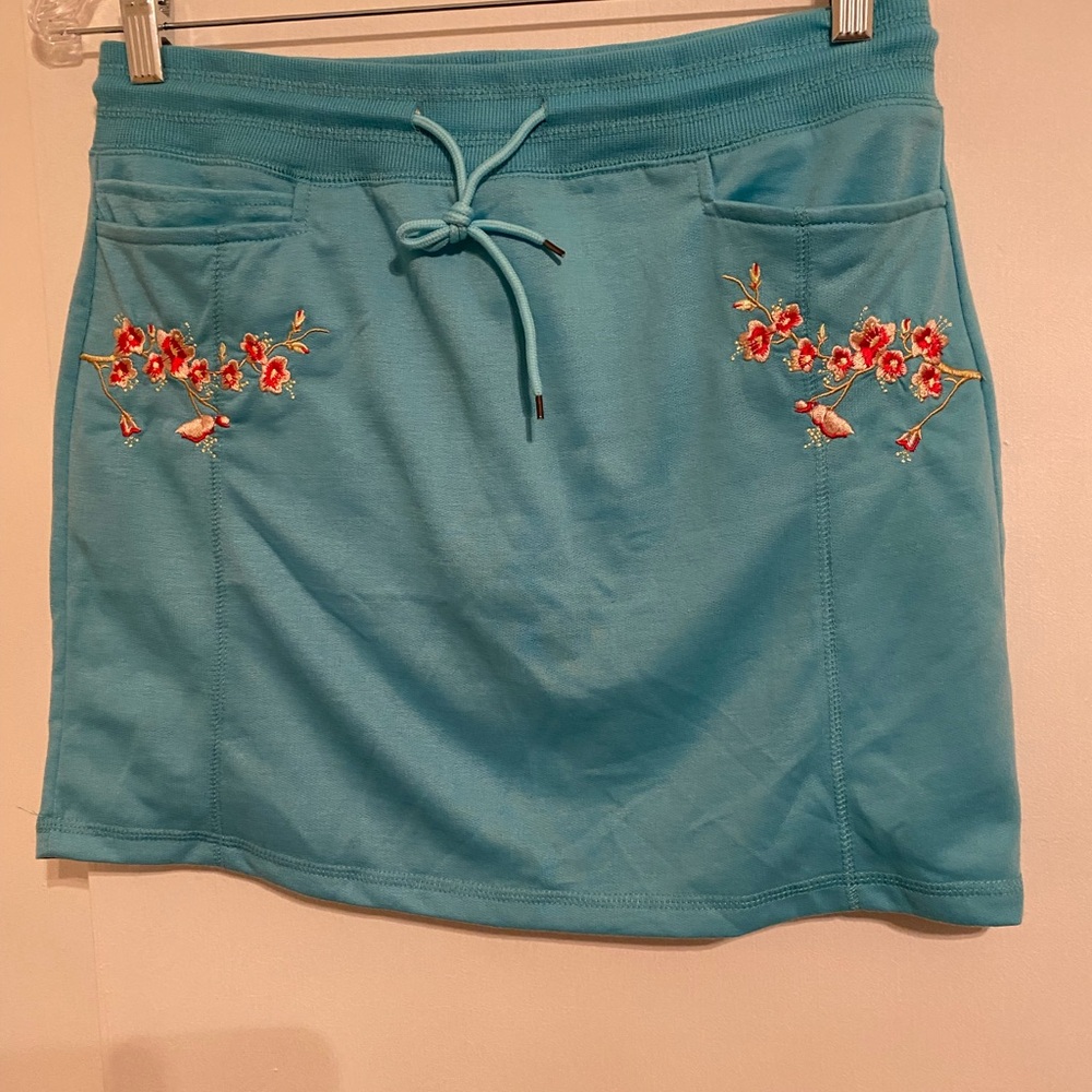 Esperanza Women’s (S) Floral Embroidered Blue/Teal  Drawstring Mini Skirt/Skort.